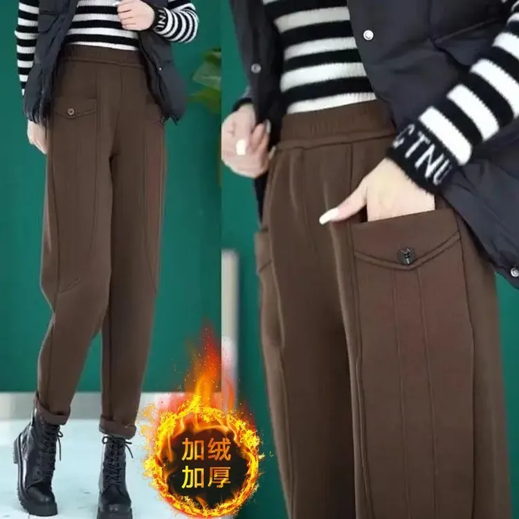 加厚加绒裤子2024新款保暖显瘦秋冬哈伦裤高腰休闲卫裤宽松小脚女