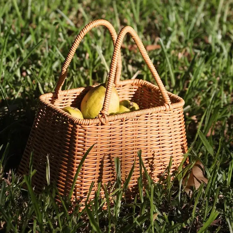 手提插花篮户外水果篮野餐篮子采摘篮藤编手工买菜篮文艺范提篮