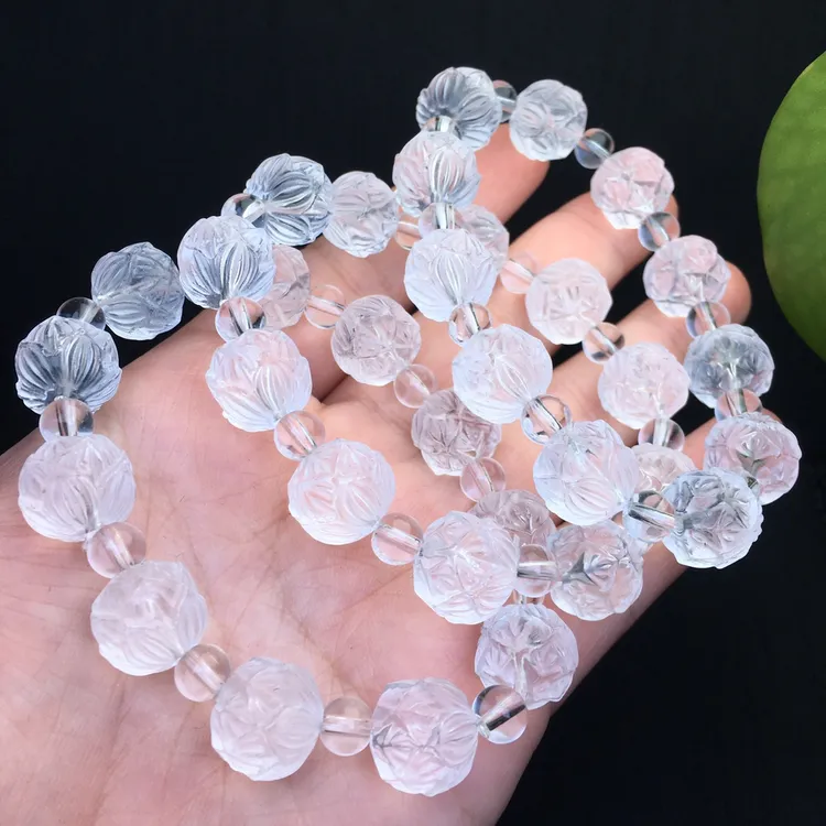 天然东海白水晶莲花珠手链规格12mm手串手持把玩手工雕刻多样发一