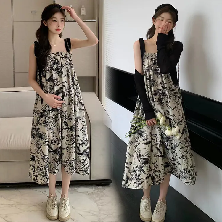孕妇网红套装2025春夏装新款复古水墨印花宽松显瘦孕妇吊带连衣裙