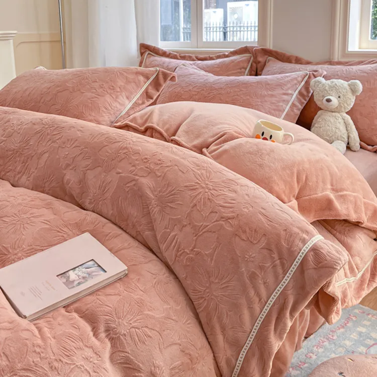新款纯色雕花A类全消光雕花绒四件套牛奶绒6D高克重珊瑚绒宝宝绒