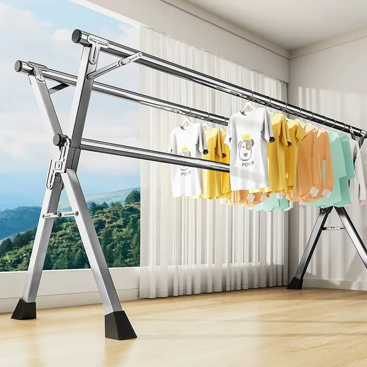 折叠晾衣架落地家用阳台卧室加粗不锈钢伸缩凉衣杆晒被子神器新型