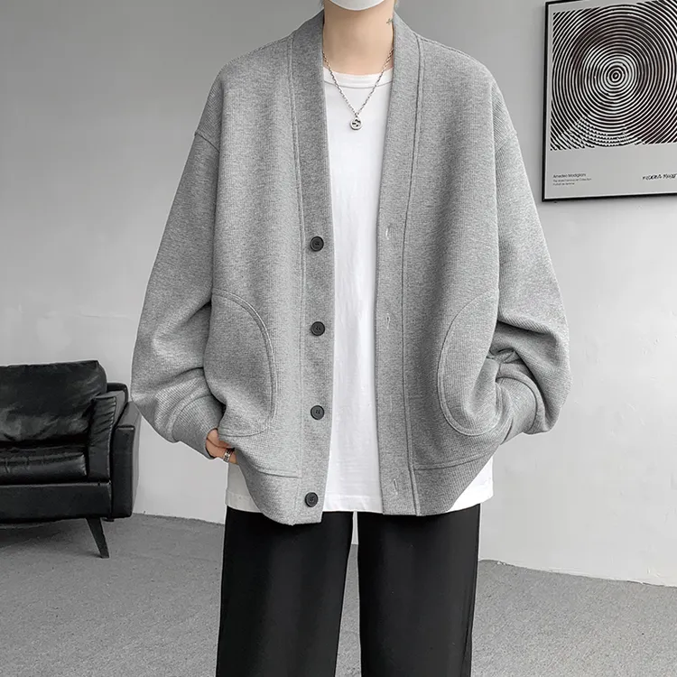 8XL纯色格开衫卫衣外套男春秋大码V领长袖衣服KS00158