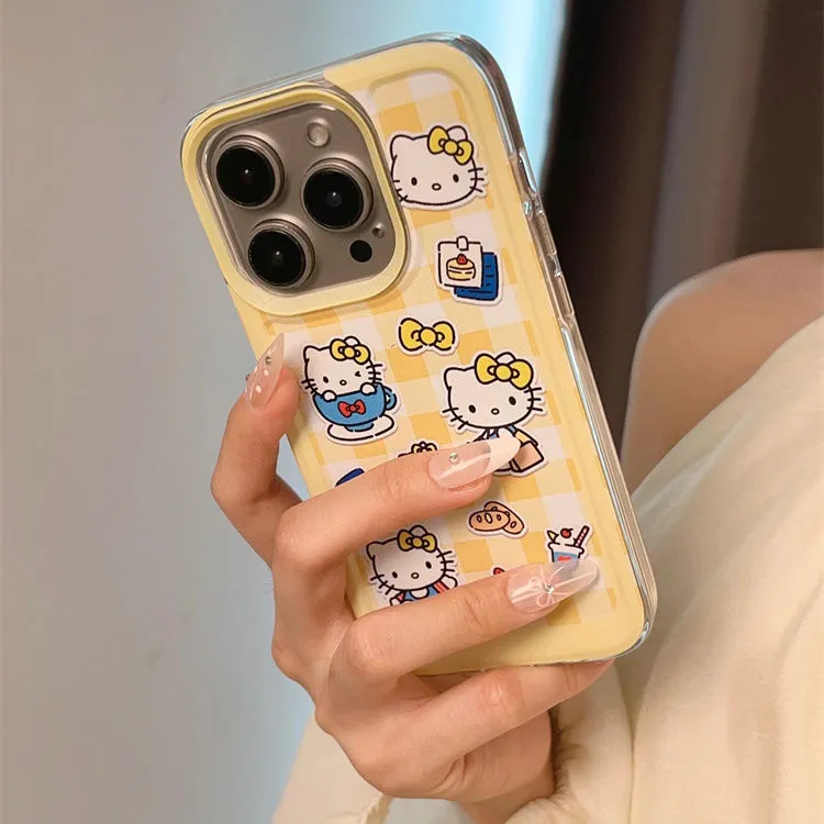 黄色格纹甜品猫咪适用苹果15手机壳可爱卡通iPhone14情侣防摔软壳