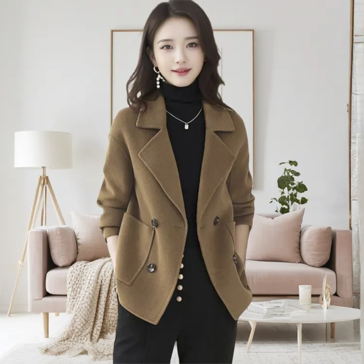 宽松大码毛呢外套冬装小个子欧若风中老年女士西装领呢料大衣春装