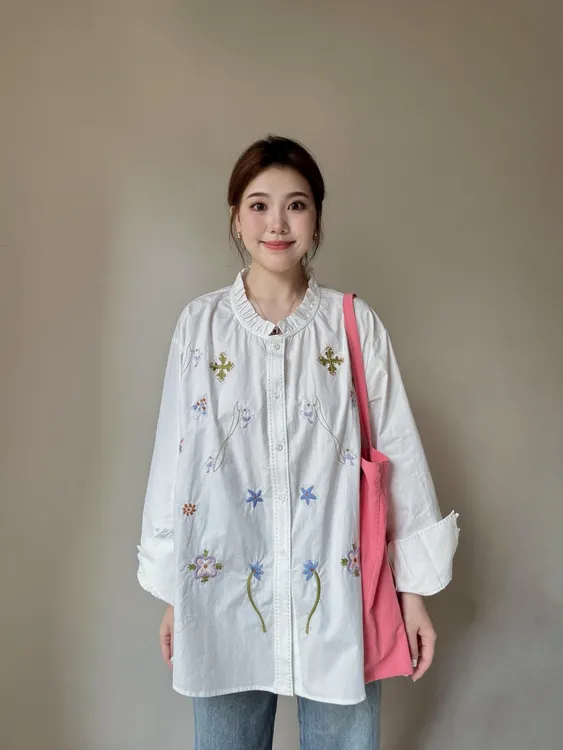 彩色刺绣花边度假宽松法式白色衬衫高腰显瘦中长款半身裙两件套装