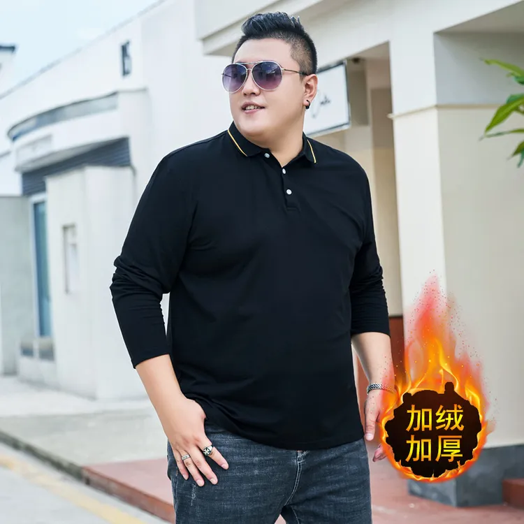 BM时尚男装秋季加肥加大码长袖翻领polo衫特大号肥佬t恤上衣加绒