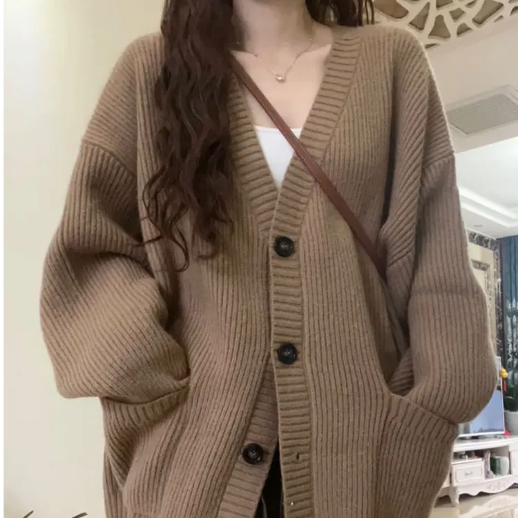 高级感慵懒风V领毛衣外套开衫女秋冬季新款韩版宽松中长款针织衫