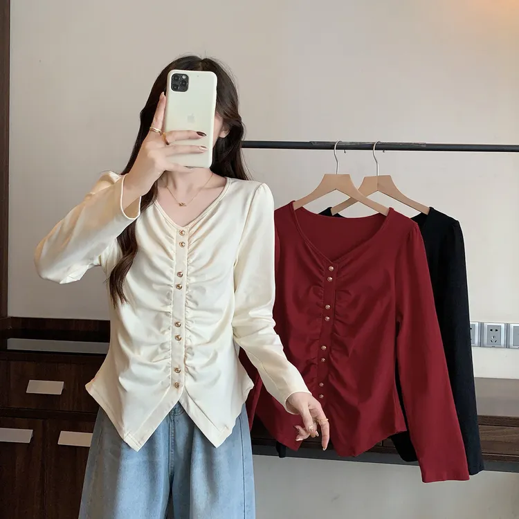 清2025春季胖mm大码不规则长袖不规则T恤褶皱正肩打底上衣63616