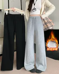 清2025冬胖mm大码女加绒运动裤高腰保暖卫裤休闲直筒阔腿裤63896