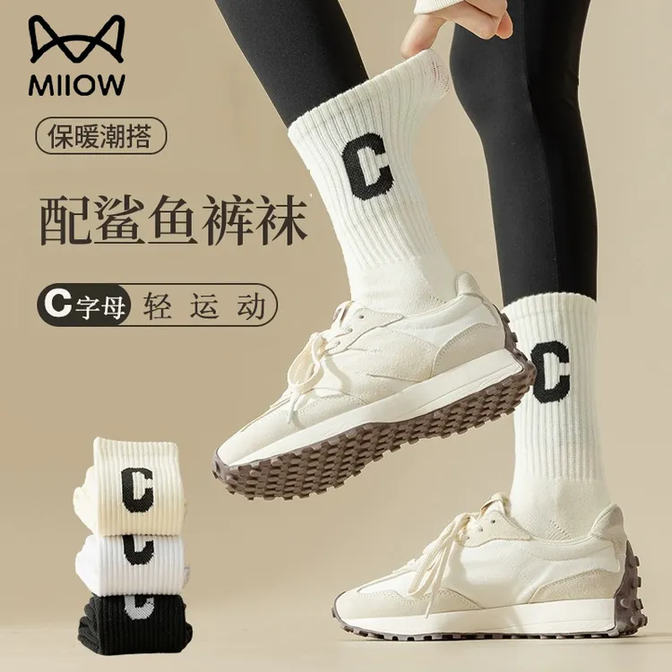 猫人袜子女春秋季中筒袜纯棉搭配鲨鱼裤c字母白色运动长袜中筒袜