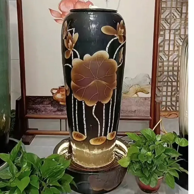 新中式陶瓷花瓶循环流水喷泉加湿净化家居装饰办公室招财开业礼品