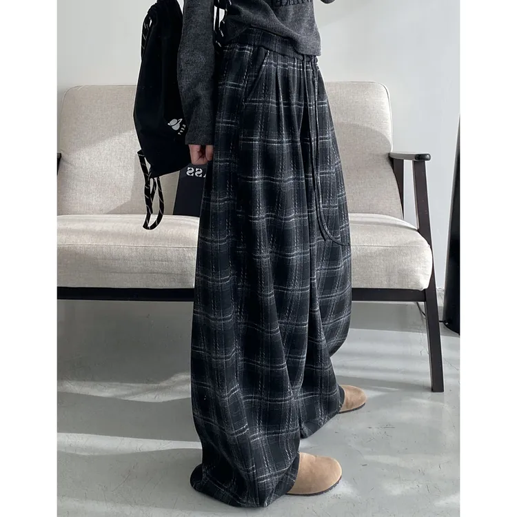 格子加绒宽松休闲裤女秋冬高腰百搭垂感拖地奥粒绒阔腿裤子