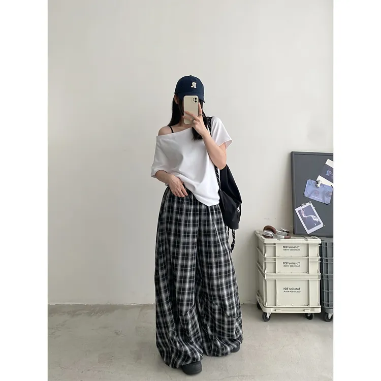  格子休闲裤女夏季宽松阔腿裤高腰直筒长裤垂感拖地裤子