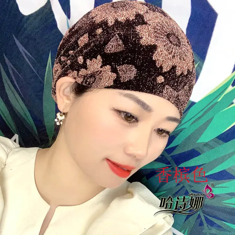 哈诗娜提花家居包头帽纱巾遮白发收短发薄款女士盖头帽子时尚