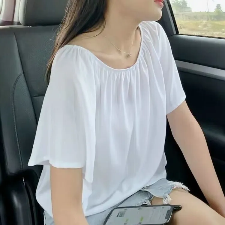 棉绸短袖新款夏季女上衣褶皱感娃娃衫纯色人造棉洋气遮肚宽松小衫