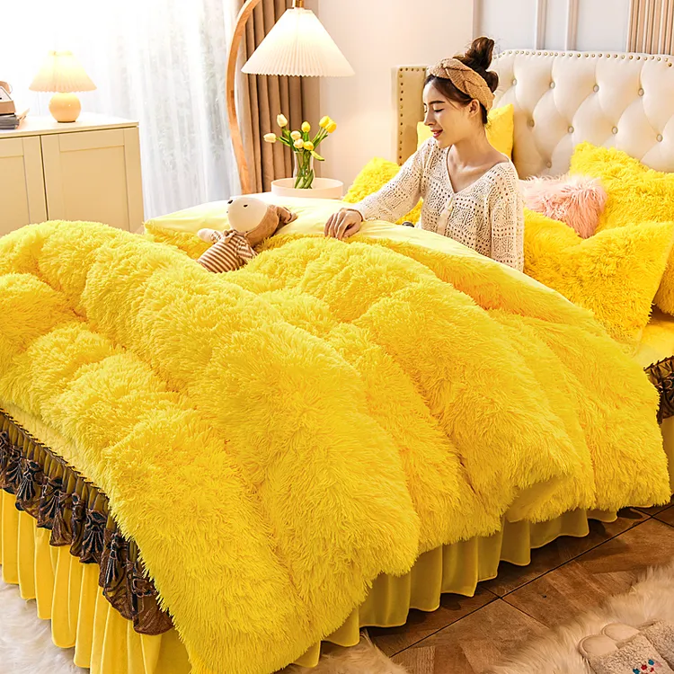 水星冬季家纺轻奢水貂绒四件套牛奶绒夹棉床裙长毛绒被套双面绒床