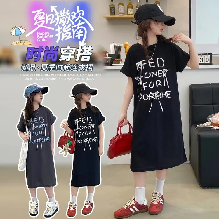 女童夏季连衣裙儿童时尚休闲圆领T恤女孩宽松印花中长款无袖裙子