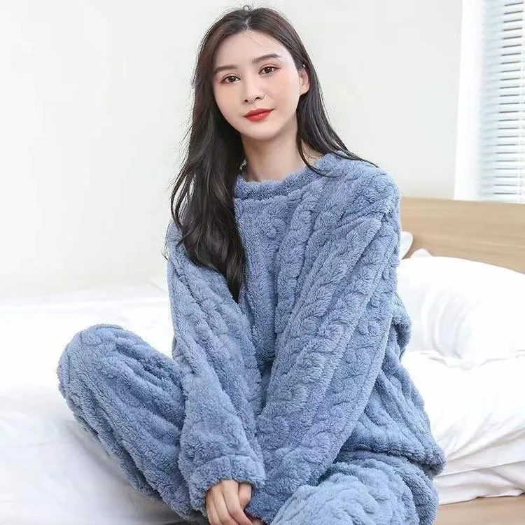  秋冬新款珊瑚绒睡衣女提花舒棉加绒加厚法兰绒家居服两件套女