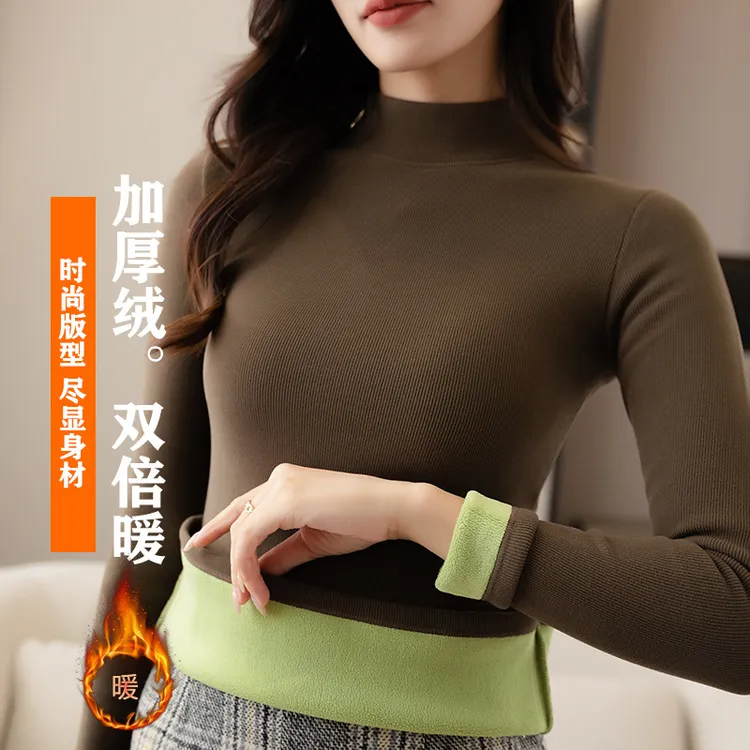 严选秋冬半高领保暖加绒加厚打底衫女士保暖上衣圆领内搭外穿打底