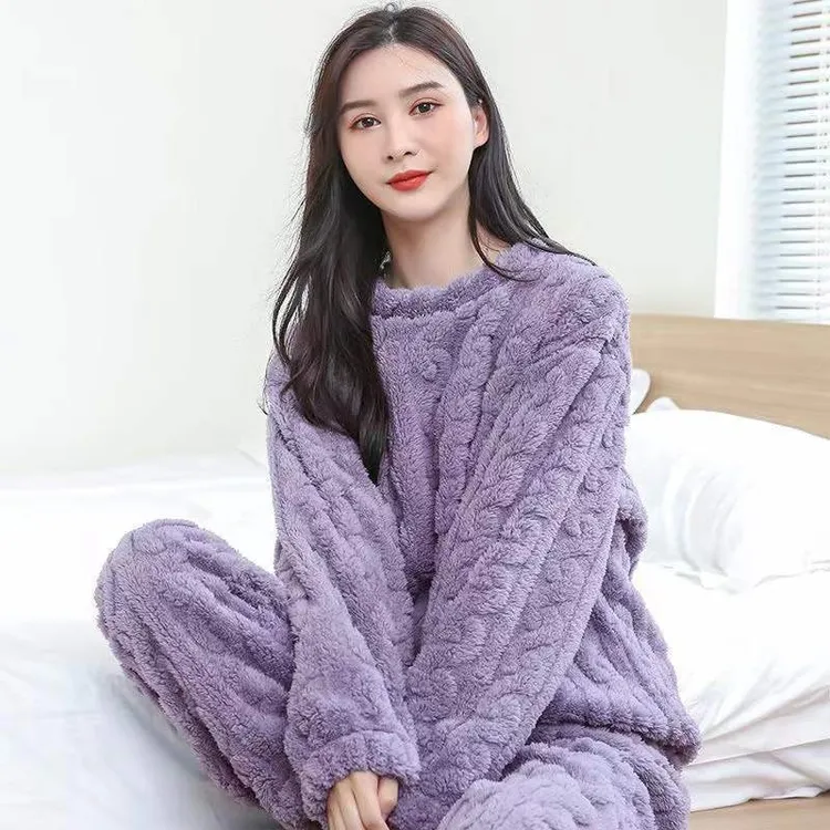 秋冬新款珊瑚绒睡衣女提花舒棉加绒加厚法兰绒家居服两件套女