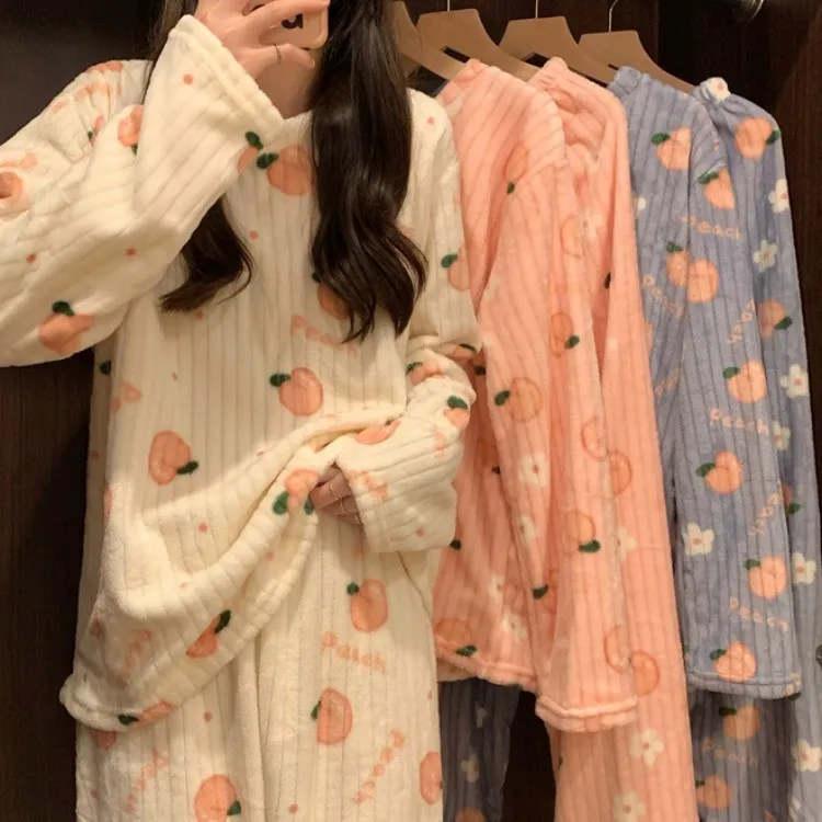 新款秋冬季女珊瑚绒睡衣韩版大码女加绒加厚长毛绒家居服保暖套装