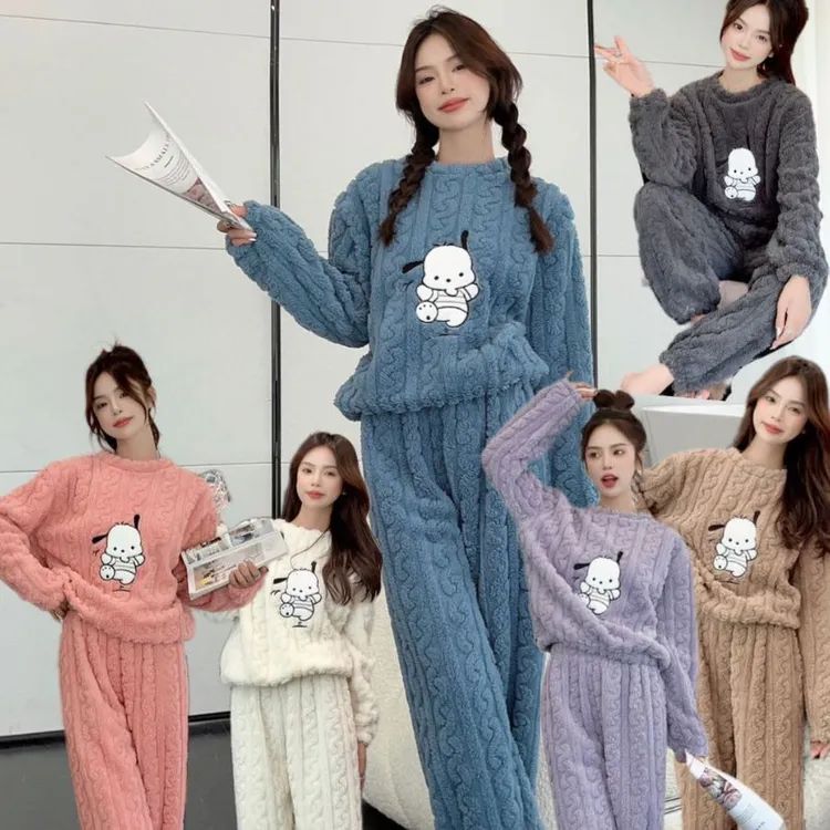 棉绒睡衣女秋冬季加厚款网红卡通帕恰狗学生法兰绒可外穿家居服