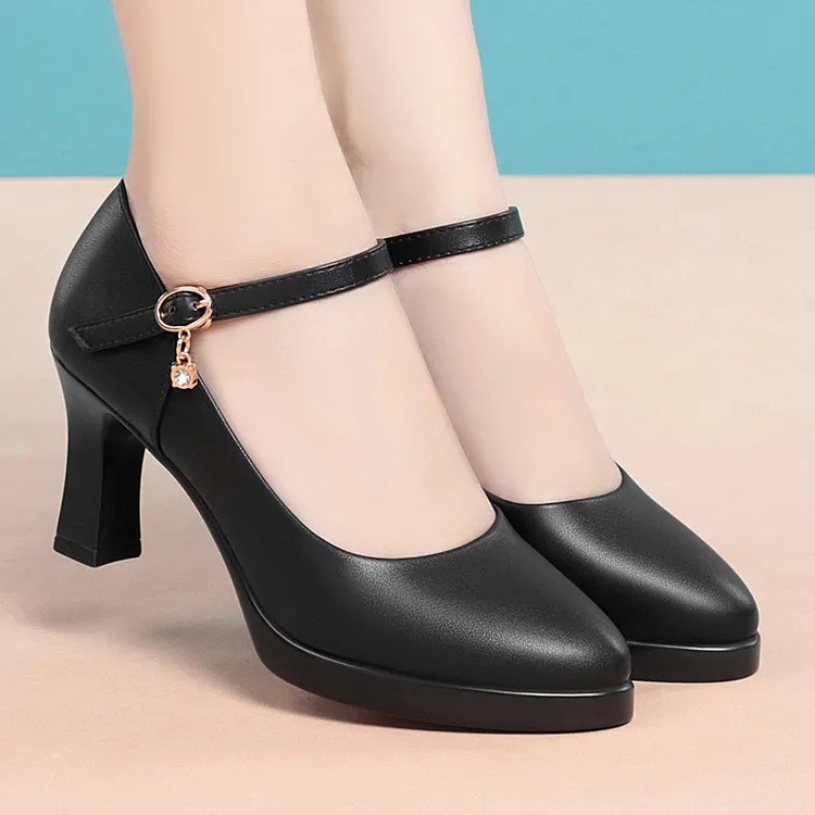 真皮软底一字扣高跟皮鞋防水台走秀职业单鞋鞋子中年妈妈鞋女鞋