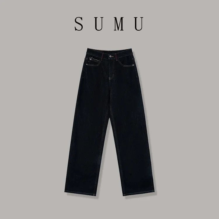 宿慕SUMU 女款阔腿牛仔裤 9-24秋冬2024新款时尚抓绒牛仔裤C9901H