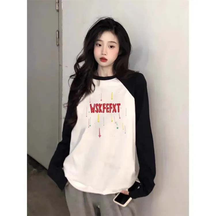 美式复古插肩长袖t恤女打底衫春秋季中长款外穿上衣纯棉体恤ins潮