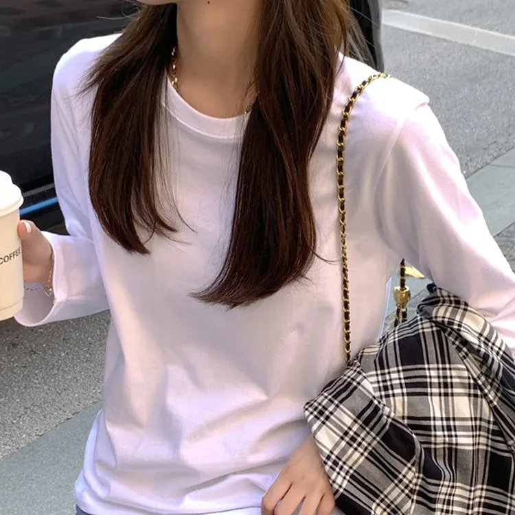 西装内搭白色打底衫女春秋冬季纯棉百搭长袖T恤2022欧货爆款上衣