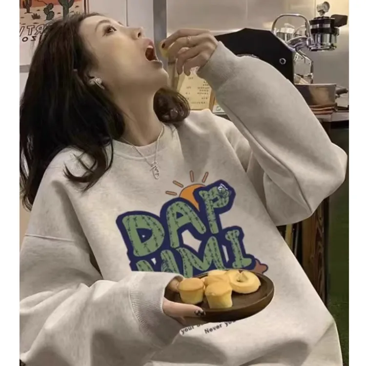 圆领美式复古vibe风卫衣女加绒加厚款秋冬季慵懒风宽松外套上衣