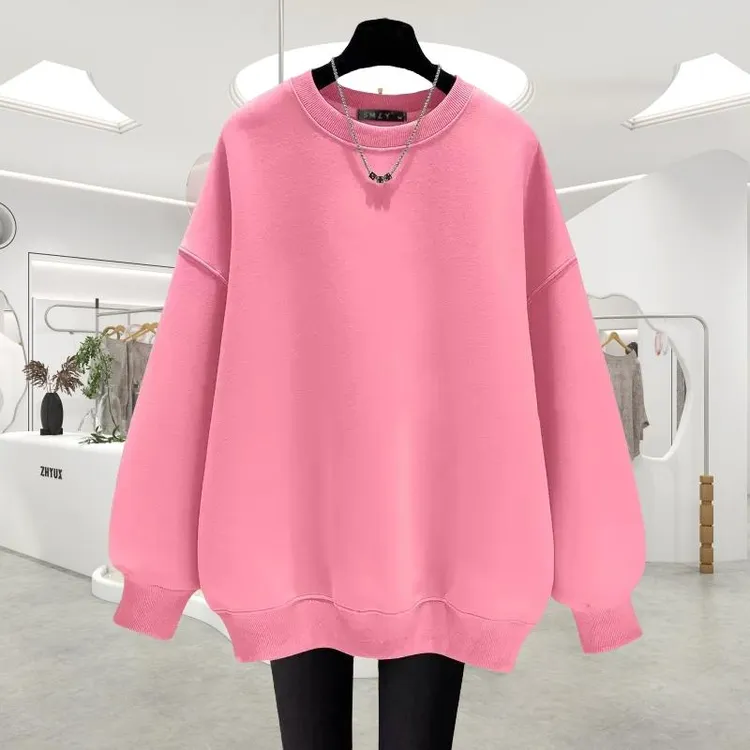 粉色圆领卫衣女加绒加厚2025秋冬新款纯色慵懒风欧货宽松套头上衣
