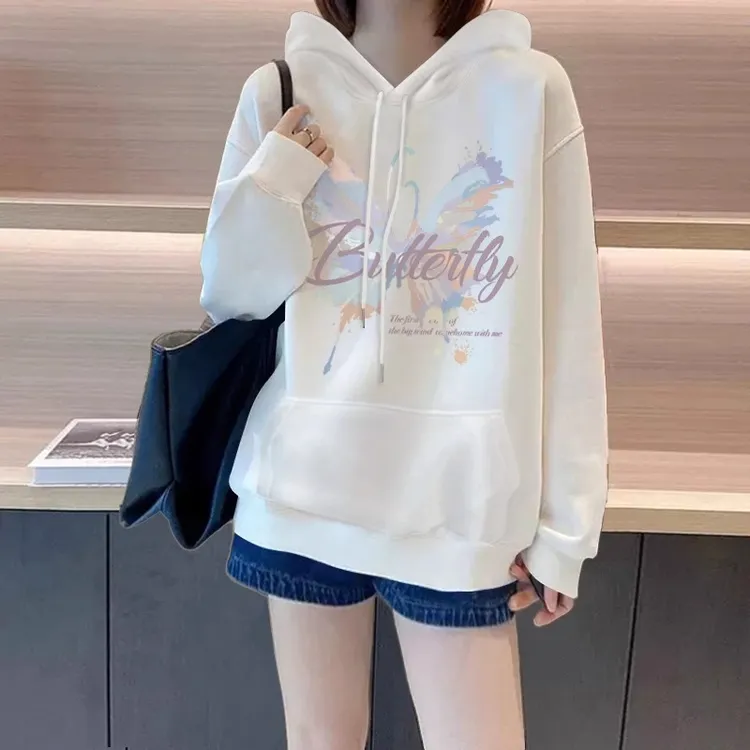 青岛即墨卫衣女白色连帽卫衣女秋冬运动休闲加绒印花外套上衣