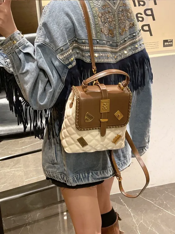 芭妮王妃真皮菱格双肩包包女2024新款时尚高级质感旅行单肩小背包