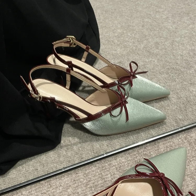 包头凉鞋女尖头细跟黑色高跟鞋女2024新款蝴蝶结拼色后空单鞋时尚