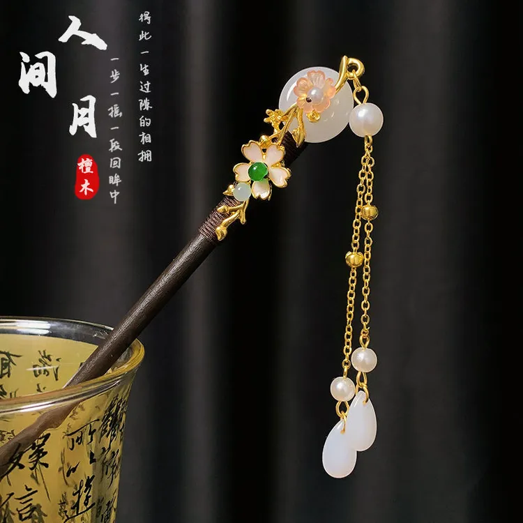新中式古风花朵发簪简约木质日常后脑勺盘发簪子头饰