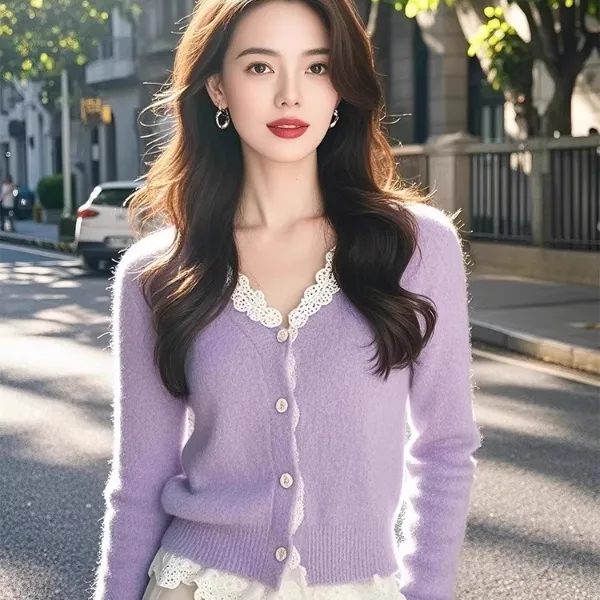 百搭修身秋季温柔系穿搭女2024新款韩版绝美小香风紫色针织上衣女