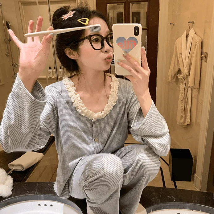 甜美蕾丝花边圆领条纹睡衣女长袖套装春秋季新款休闲宽松家居服  