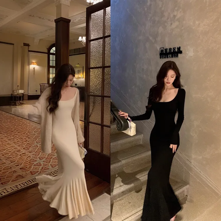 纯欲风步步生莲长袖鱼尾连衣裙女秋季法式气质方领高个子显瘦长裙