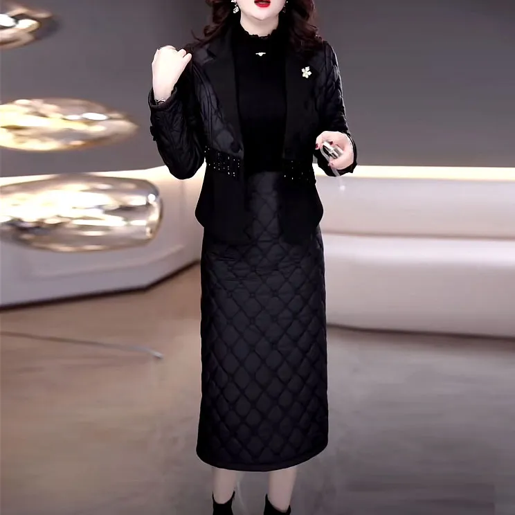 高级迪亚精纺时尚气质夹棉加厚两件套连衣裙2024冬季新款修身套装