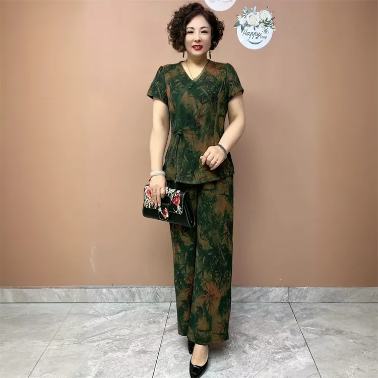 国风夏季短袖气质旗袍衬衫时尚中老年妈妈上衣+阔腿裤两件套装女