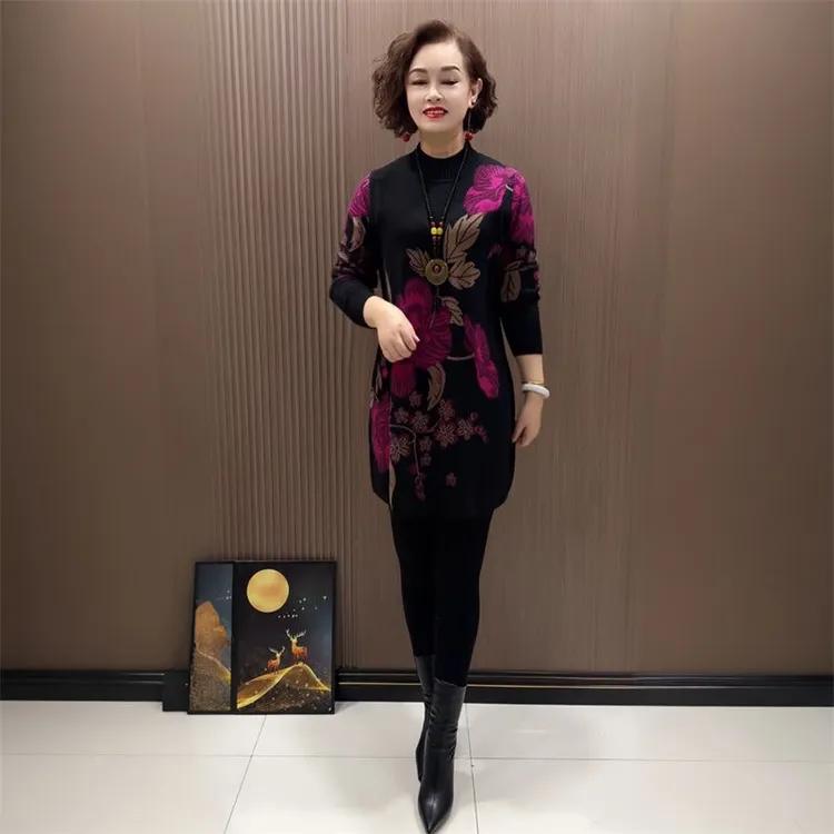 时尚洋气彩花针织大版衫秋冬宽松小个子妈妈装弹力中长打底裙毛衣