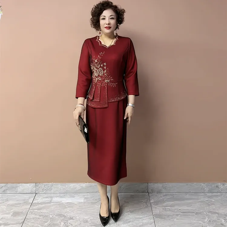 高端喜婆婆婚宴中年妈妈装大码时尚显瘦礼服长款假两件旗袍连衣裙