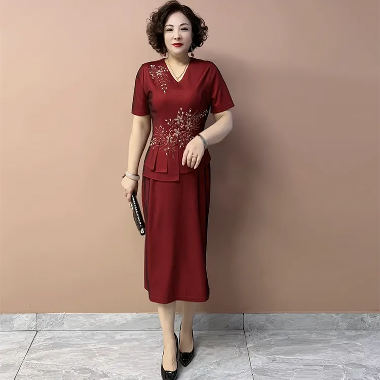 时尚气质喜婆婆婚宴中年妈妈大码高贵礼服长款假两件镶钻连衣裙女