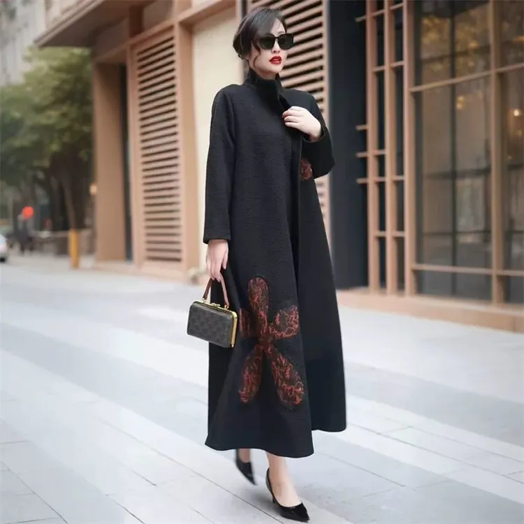 冬季加厚加绒保暖气质长款大衣时尚大码中老年妈妈装立领风衣外套