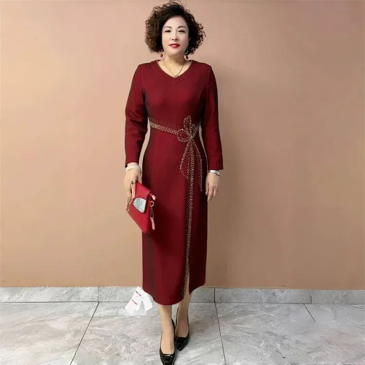 秋冬妈妈装镶钻改良旗袍连衣裙减龄大码气质喜婆婆长款敬酒礼服裙