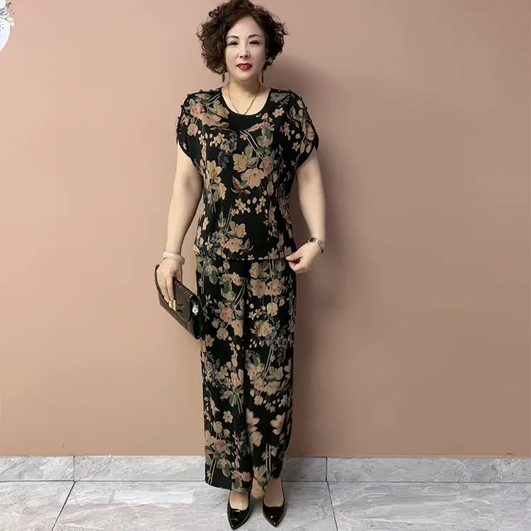 国风夏季短袖新款两件套时尚宽松遮肉印花中老年妈妈丝缎套装