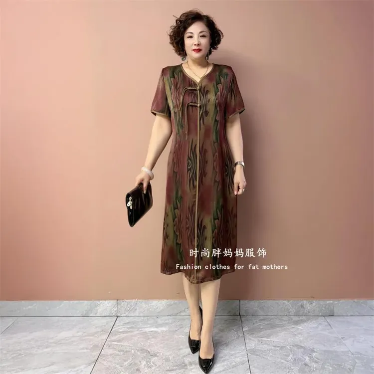 时尚贵夫人国风短袖中老年妈妈连衣裙宽松大码洋气遮肉中长裙