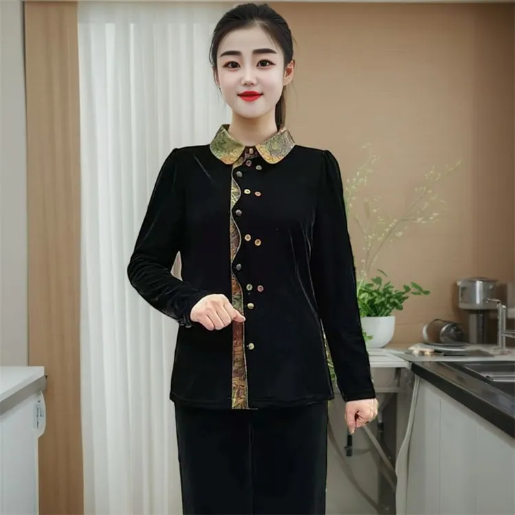 秋冬高级感妈妈装长袖丝绒衬衫显瘦弹力气质优雅打底小衫开衫上衣